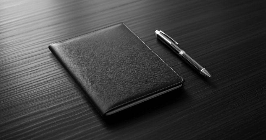 Pasaporte y pluma sobre un escritorio en blanco y negro, representando el trámite de residencia bajo la Visa de Países Amigos de Panamá